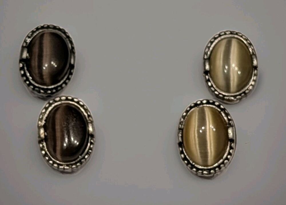 2 PAIR OF MEXICAN STERLING SILVER TIGER'S EYE CATS EYE EARRINGS LIGHT AND DARK